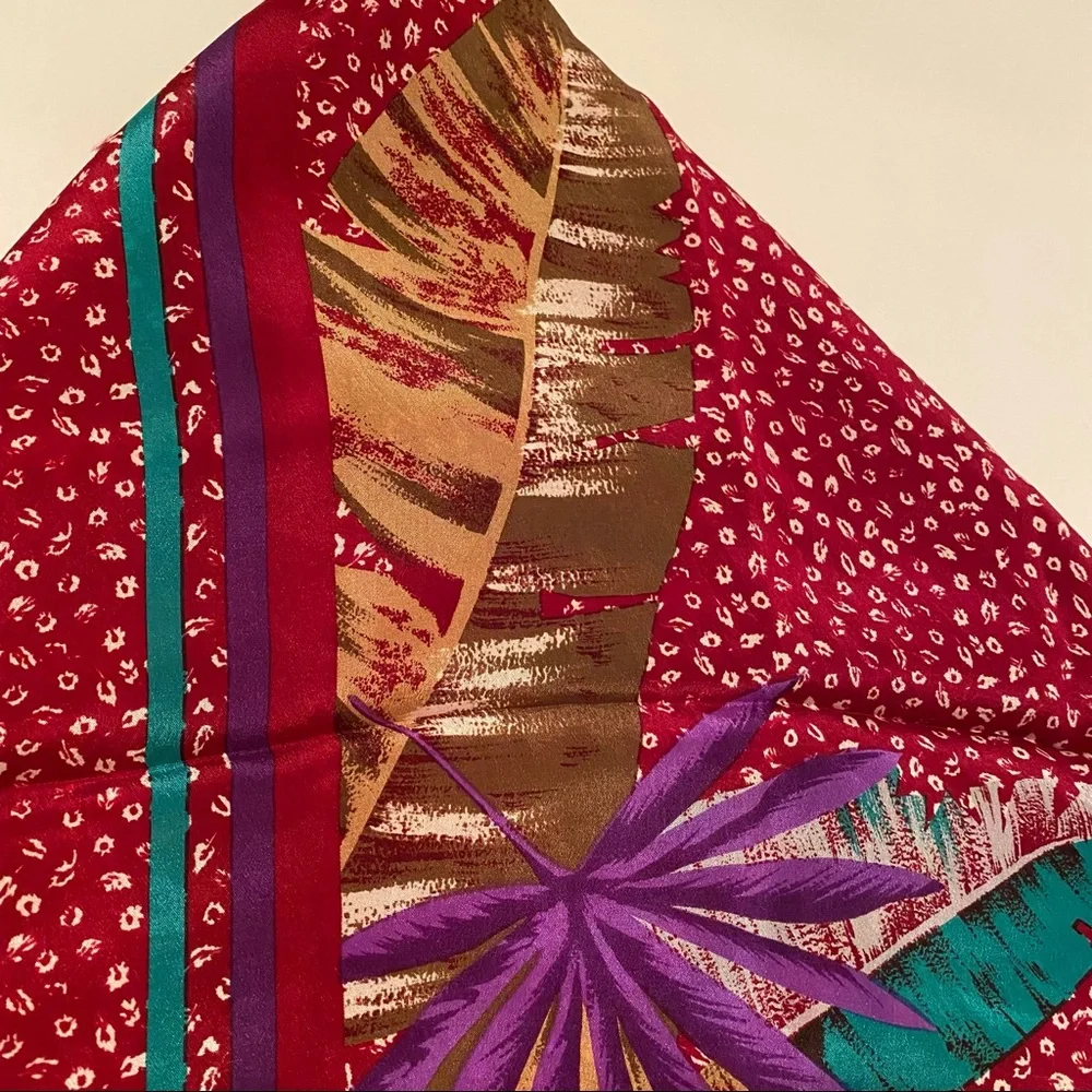 VERA SCARF VINTAGE RED WHITE PURPLE GREEN BROWN FROND PALM LEAVES SILK SQUARE